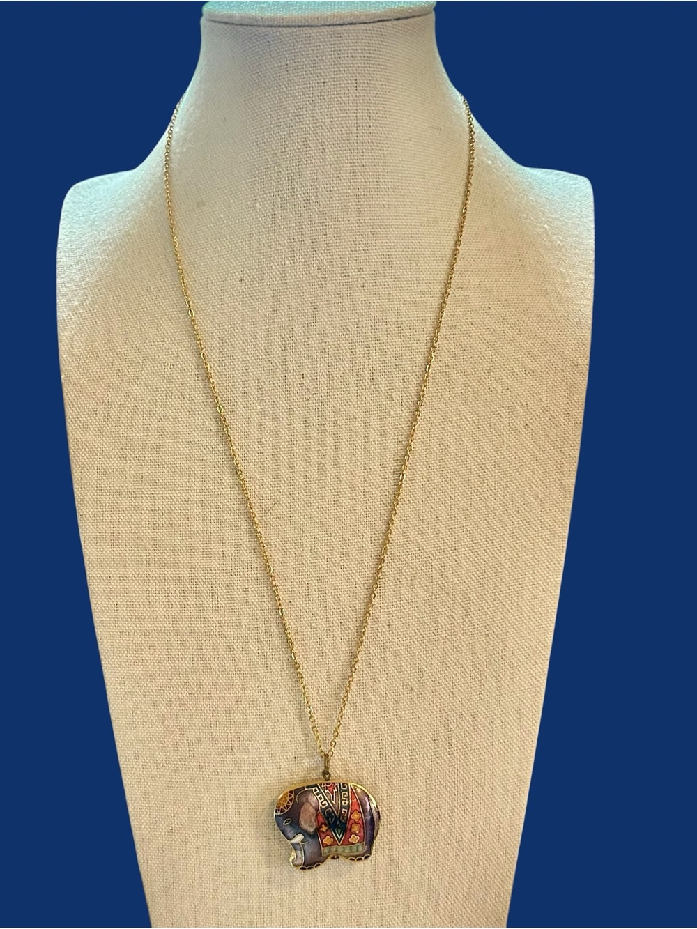 Vintage Cloisonné Enamel Elephant Pendant on Gold-tone Chain
